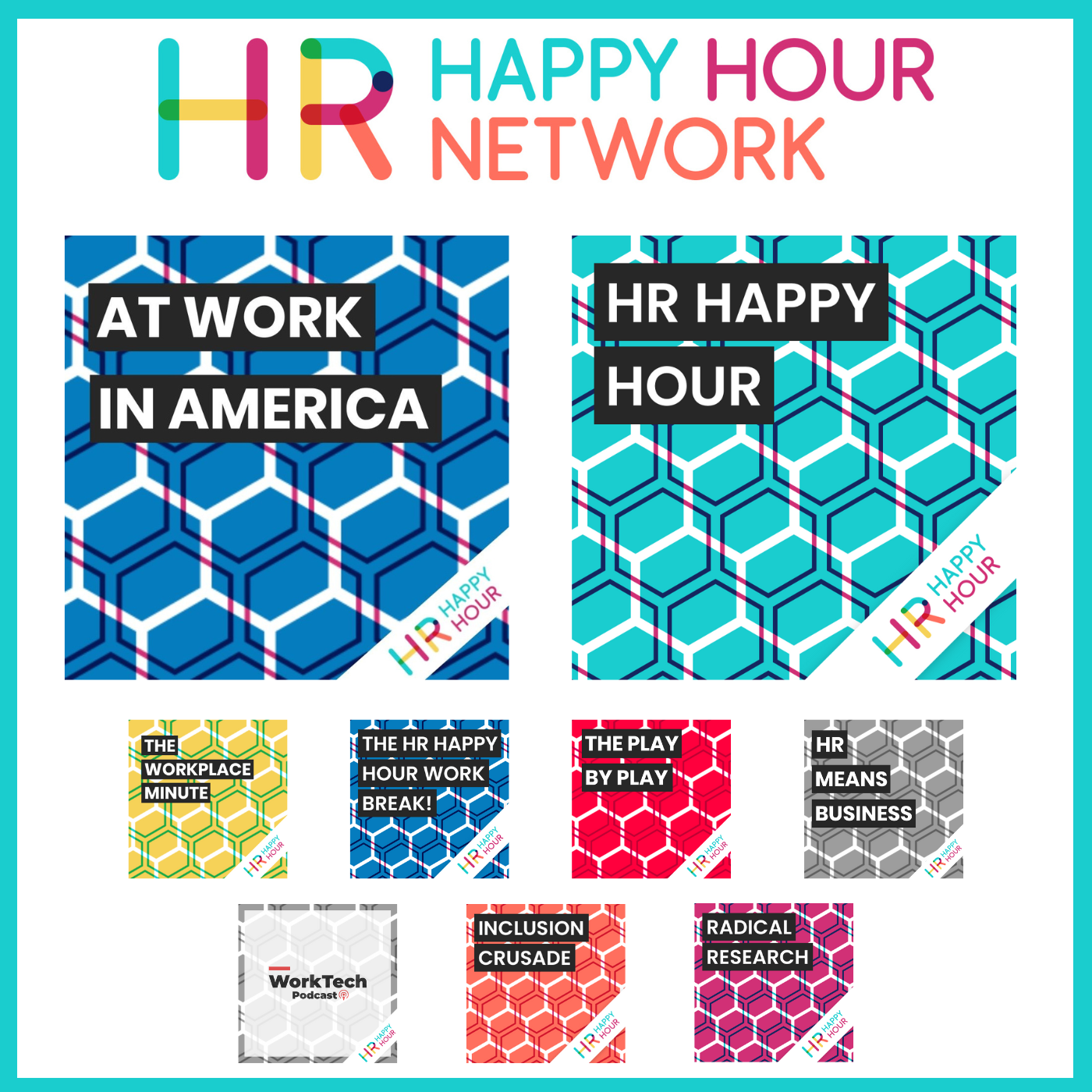 Logos of the HR Happy Hour Media Network shows