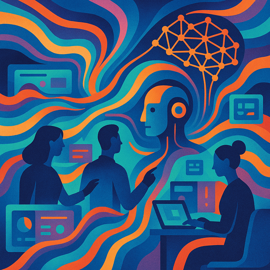 colorful, abstract image that visually represents the growing synergy between people and AI tools in the workplace