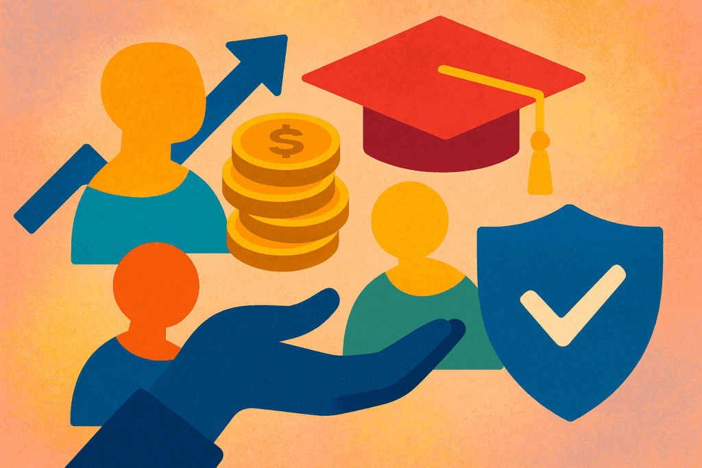 Abstract image of people, education images and finance symbols